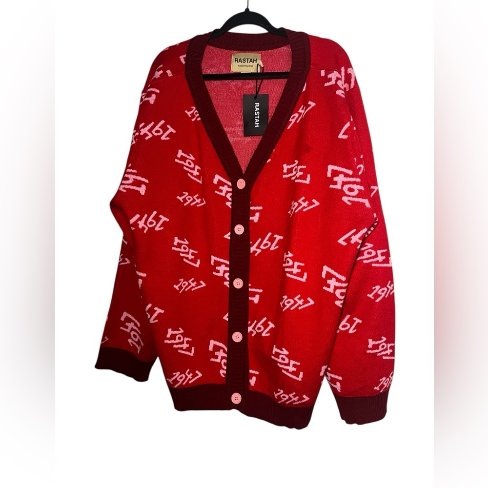 Red Men's Long Sleeve 1947 Print Cardigan Sweater